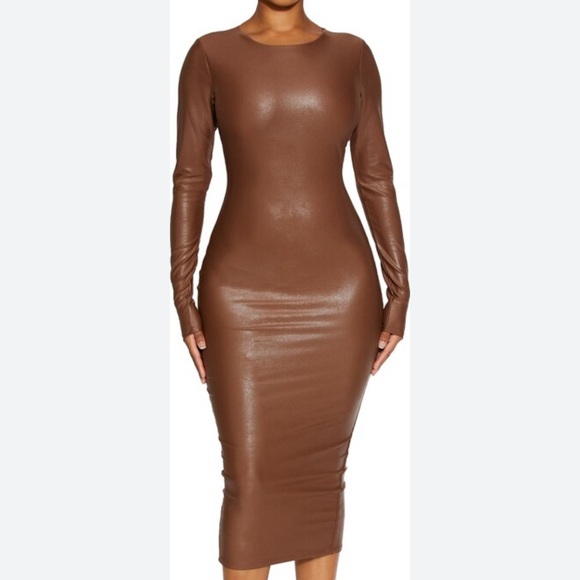 Sexy faux leather brown maxi dress by naked wardrobe - Picture 4 of 4